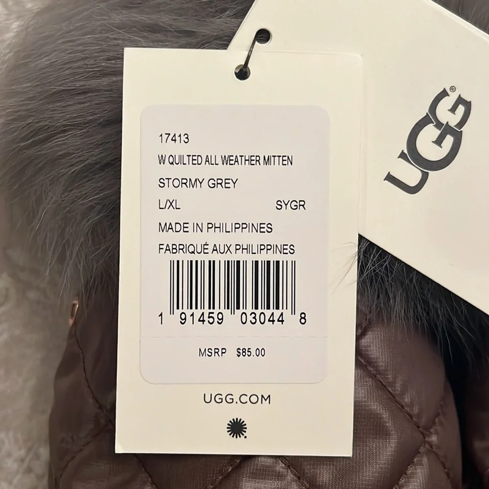 Brand New UGG Quilted All Weather Touchscreen Mittens Leather Palm Real Fur Cuff